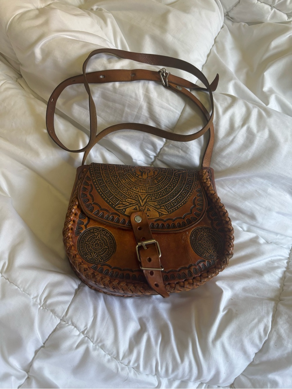 Hand-Tooled Vintage Brown Leather Crossbody Bag